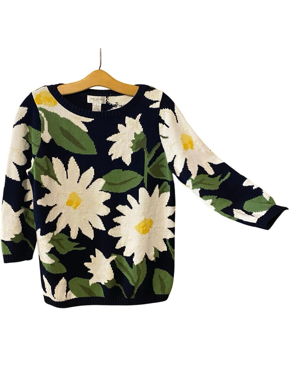 Jones New York Sport Daisy Floral Sweater Small 90s Cottagecore Knit 3/4 sleeves